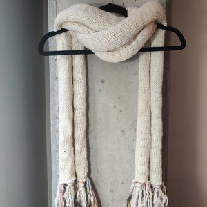Long Thick White Scarf with Rainbow + Feather Ends